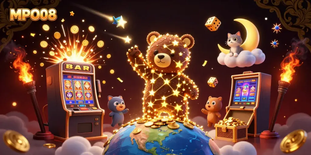 MPO08 showcases a cartoon constellation bear collecting coins, surrounded by vibrant casino elements.