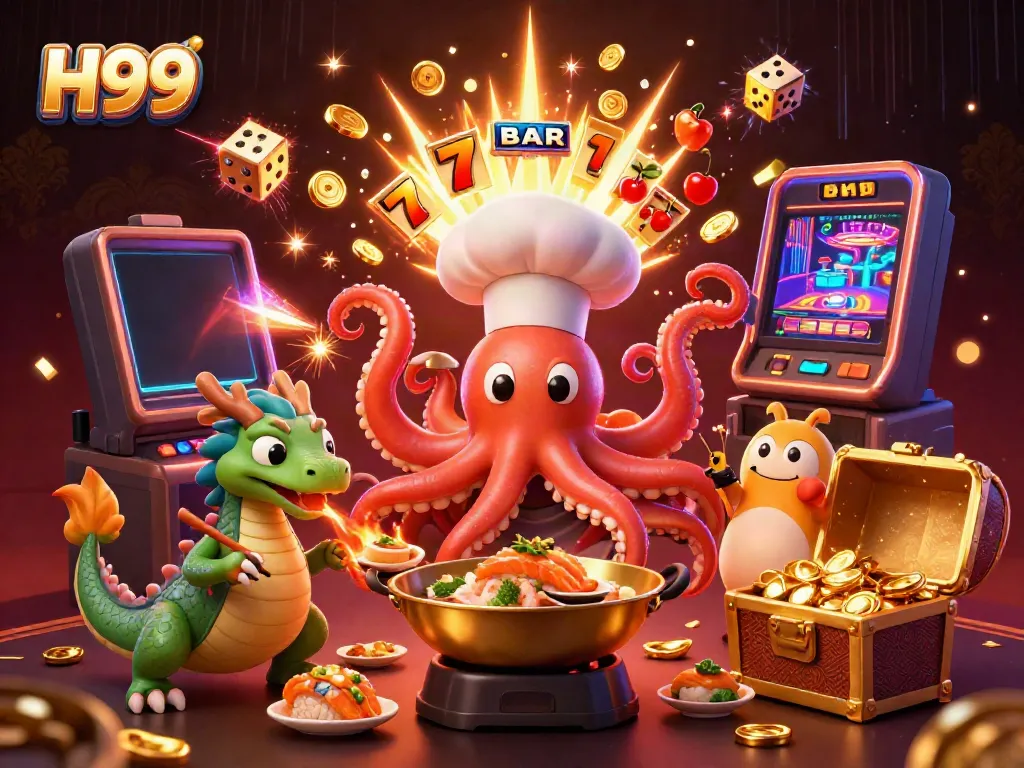Experience the excitement of H99 with a colorful, vibrant casino illustration featuring animated characters and dynamic elements.