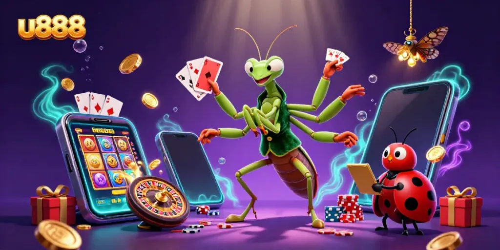 Experience u888's vibrant casino atmosphere with a colorful praying mantis dealer and ladybug pit boss.