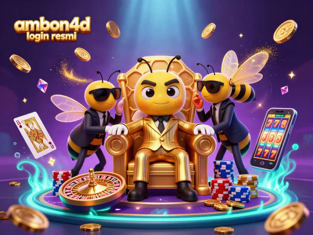 A dynamic casino scene with a mob boss and characters showcasing ambon4d login resmi surrounded by golden coins, roulette wheel, and poker elements.