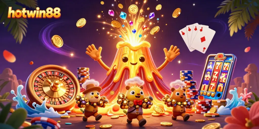 Experience the thrill of gaming at hotwin88 with a vibrant scene of treasure and excitement.