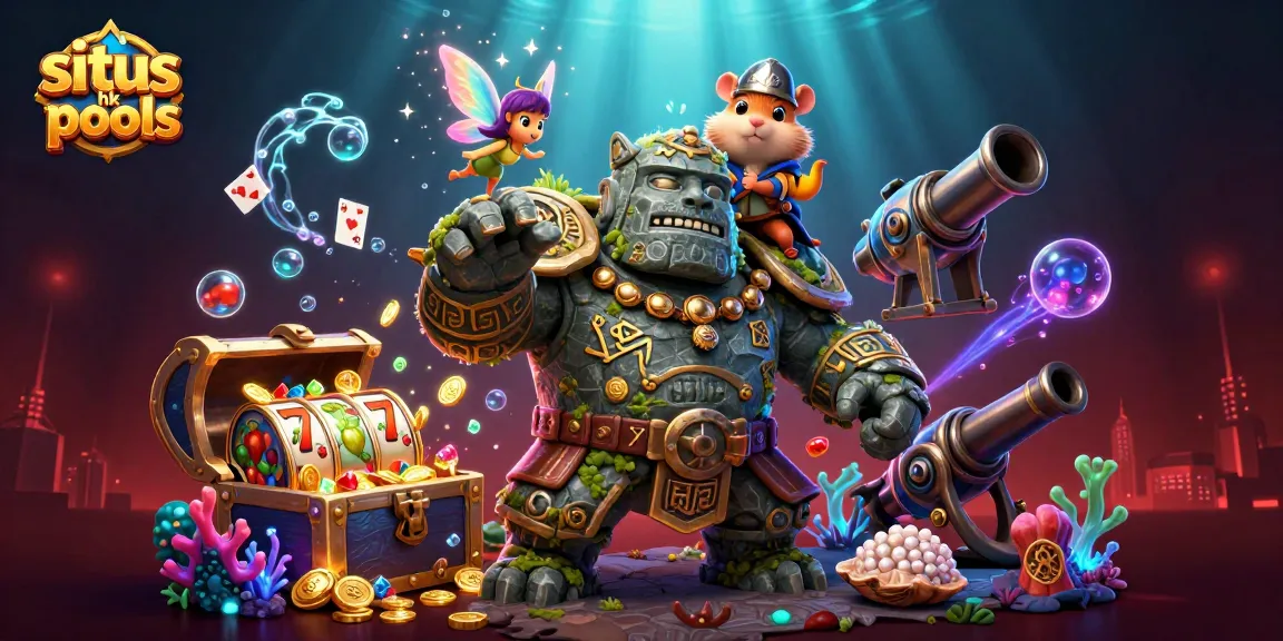 Gambarkan situs hk pools dengan golem raksasa, peri, dan hamster ksatria dalam permainan slot.