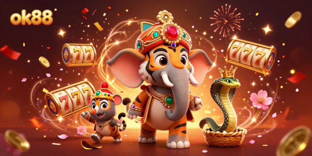 Experience the excitement of ok88 with vibrant slot reels, a jewel-encrusted elephant, and a cartoon maharaja tiger.