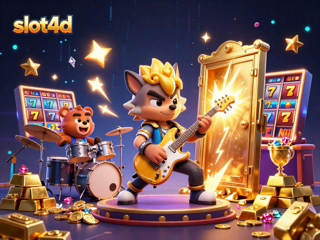 Gambarkan momen seru bermain slot4d dengan karakter rock star dan beruang di panggung kasino.