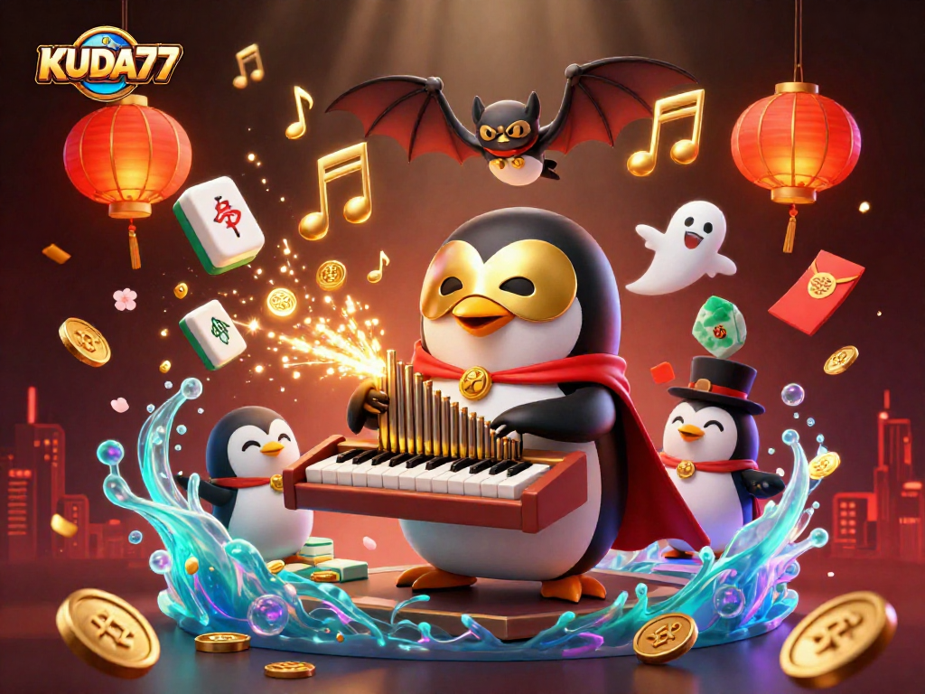 KUDA77 menyajikan ilustrasi kasino yang megah dengan penguin opera bermain organ yang melontarkan koin emas.