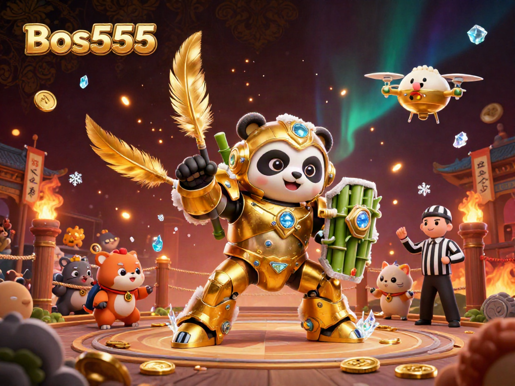 Permainan slot Bos555 yang mengasyikkan dengan panda emas dan robot bertarung dalam arena penuh koin.
