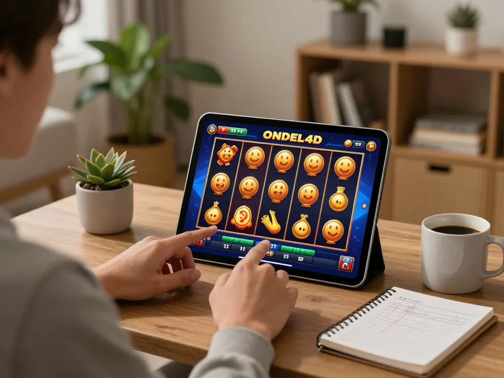 Pemain menikmati permainan slot ONDEL4D di tablet selama sesi permainan santai di rumah, dengan catatan strategi di meja.