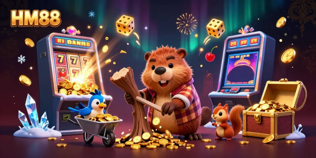 Engage in thrilling gameplay at HM88 with exciting slots, gold treasures, and colorful casino elements.