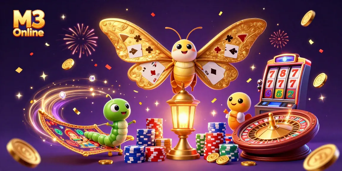 M3 Online enhances gaming excitement with vibrant slots and casino elements in a lively 3D illustration.