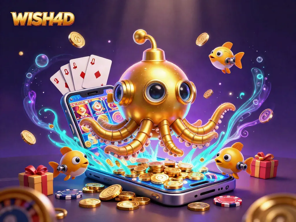 Spin the reels and win at WISH4D with a vibrant casino-themed underwater adventure graphic.