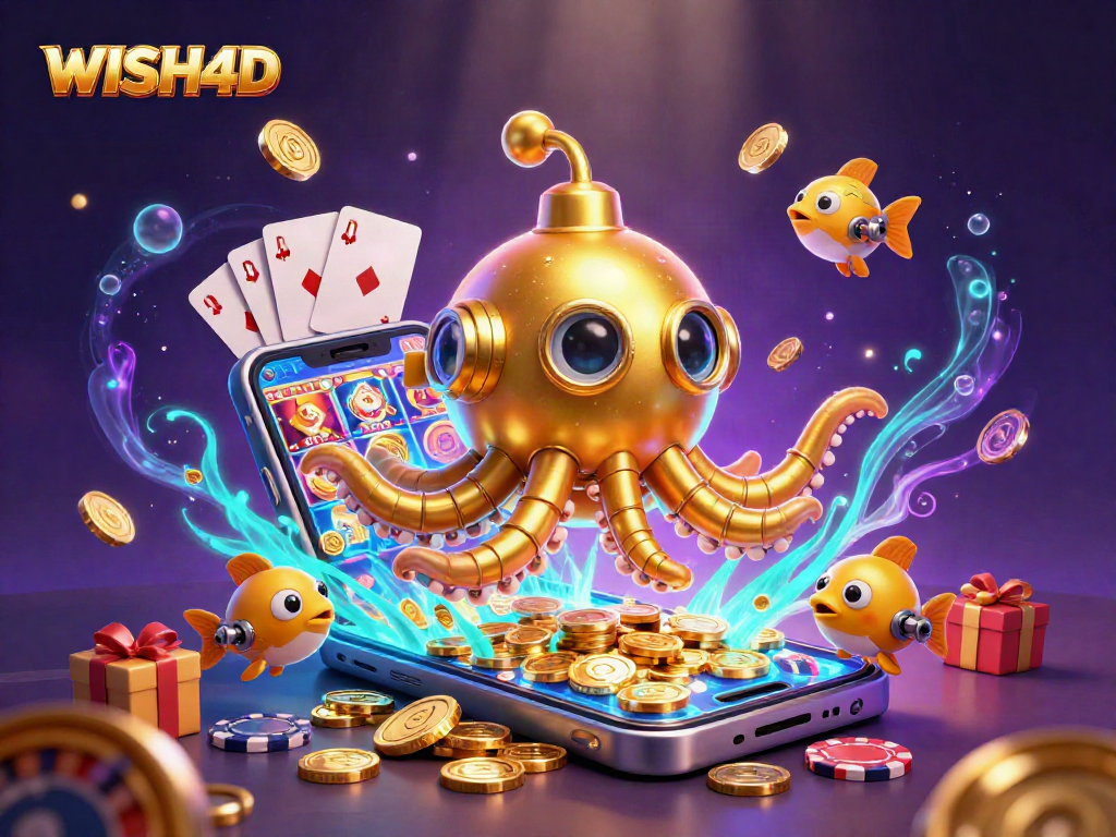 Spin the reels and win at WISH4D with a vibrant casino-themed underwater adventure graphic.