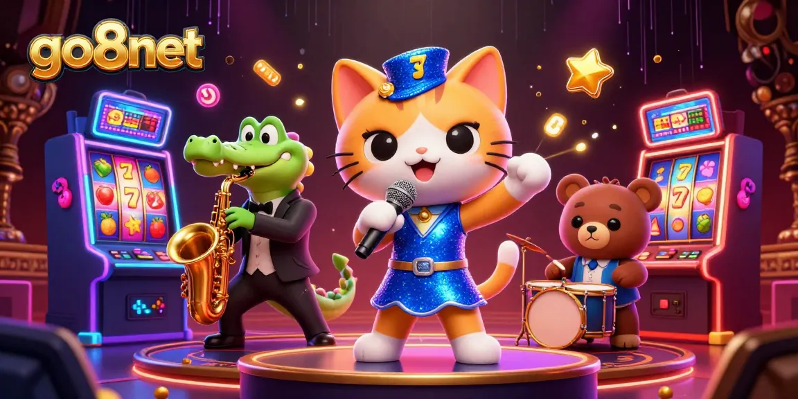 Engage with go8net's dynamic casino experience featuring a jazz-singer cat, saxophone-crocodile, and drum-bear.