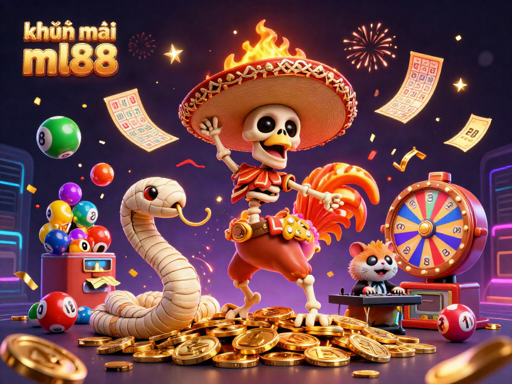 Engage with khuyến mãi ml88 through festive 3D illustration of a mariachi rooster and casino elements.
