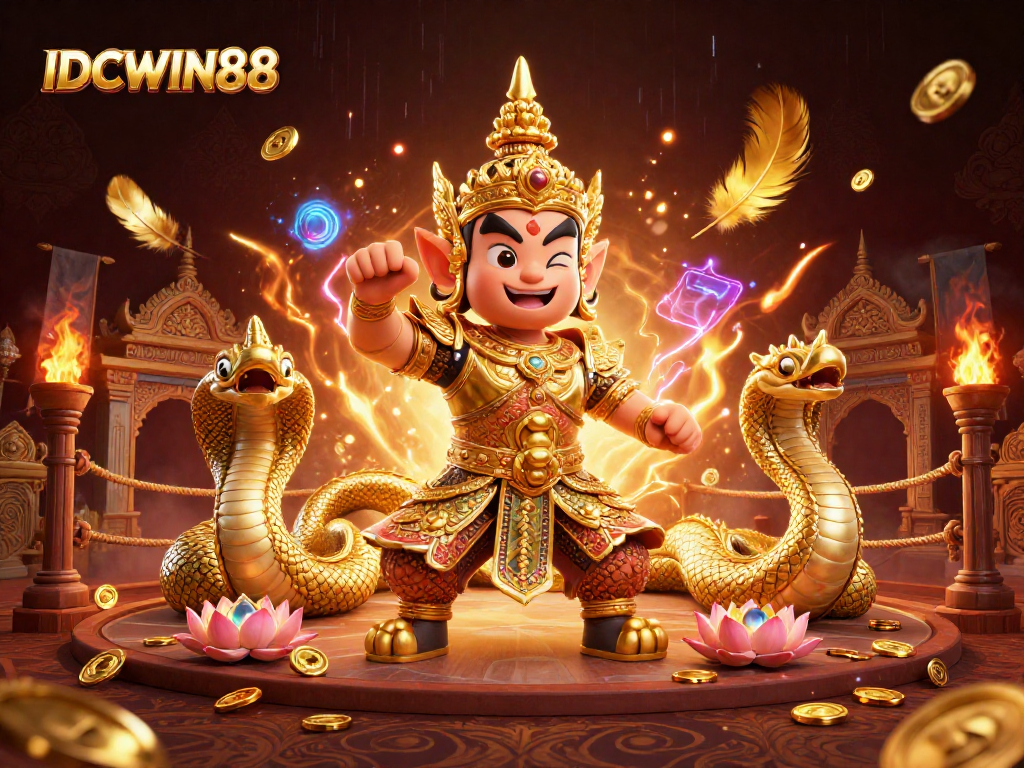 Experience thrilling gameplay and high RTP with IDCWIN88's dynamic online casino scene featuring golden elements.