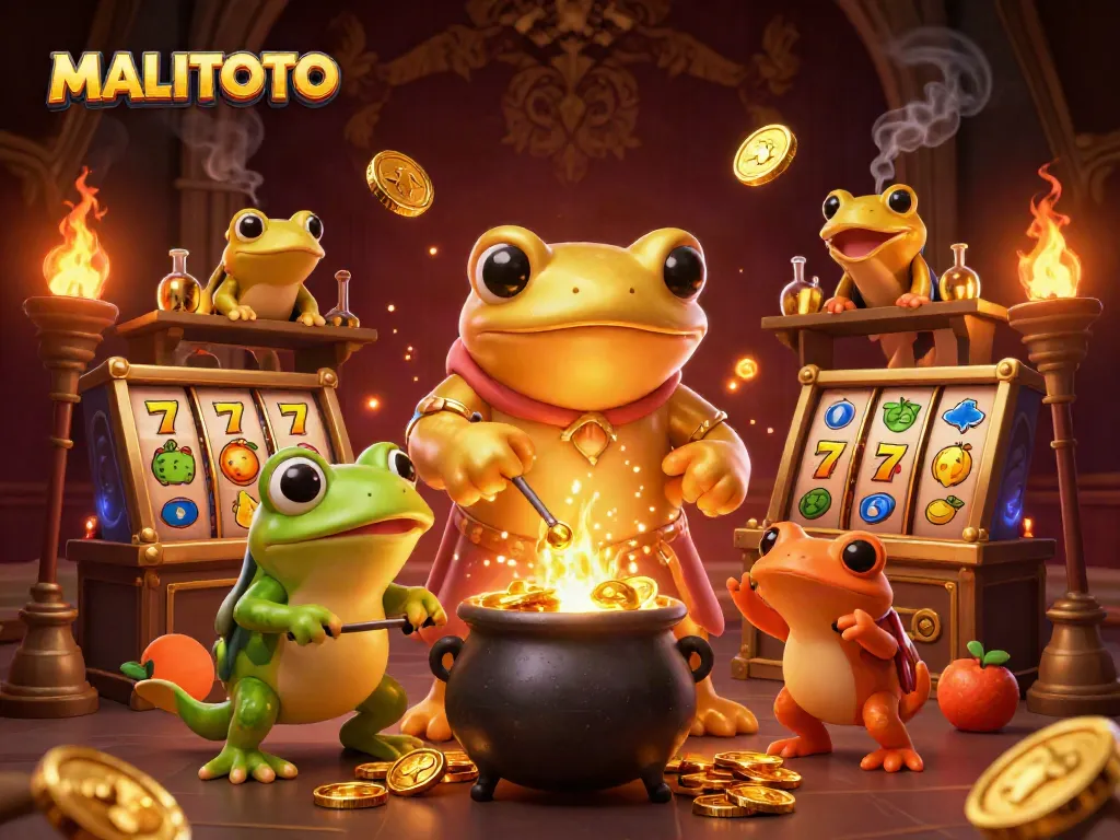 Experience the magic of MALITOTO with a golden salamander alchemist creating wealth among floating slot machines.