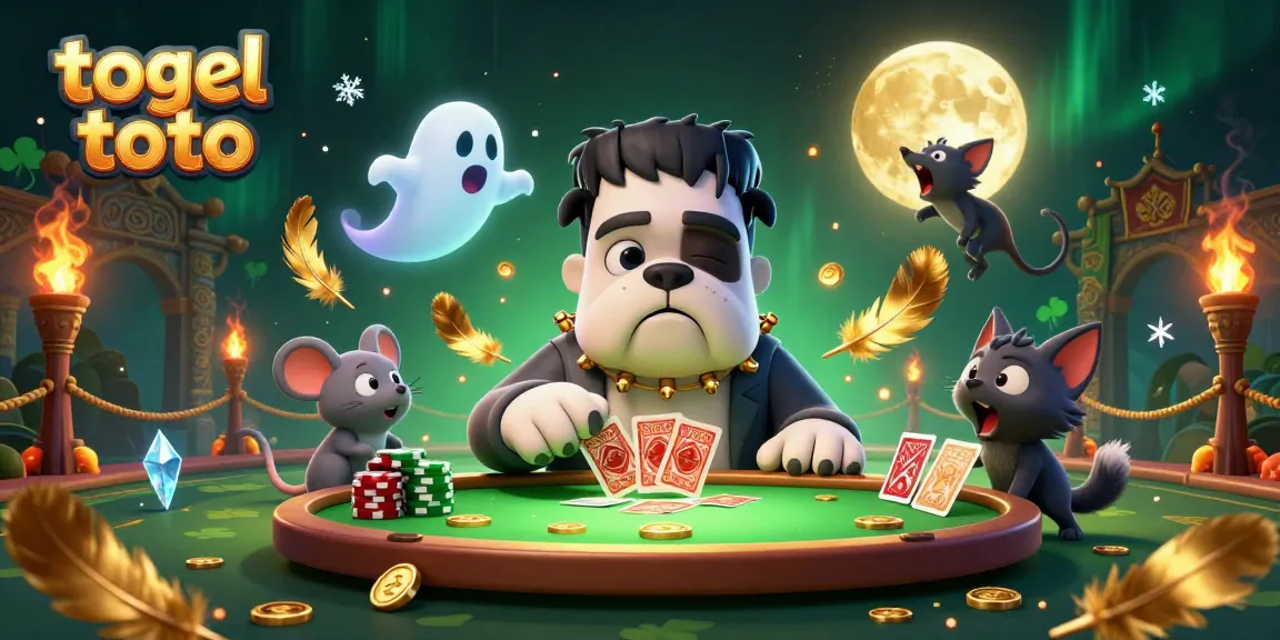 Gambaran ilustrasi 3D karakter monster bulldog Frankenstein di atas meja togel toto, dengan efek cahaya yang menarik.