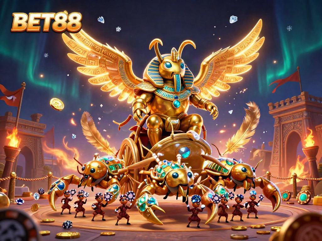 Experience thrilling adventures with BET88 in this dynamic online casino illustration featuring a colossal scarab beetle.