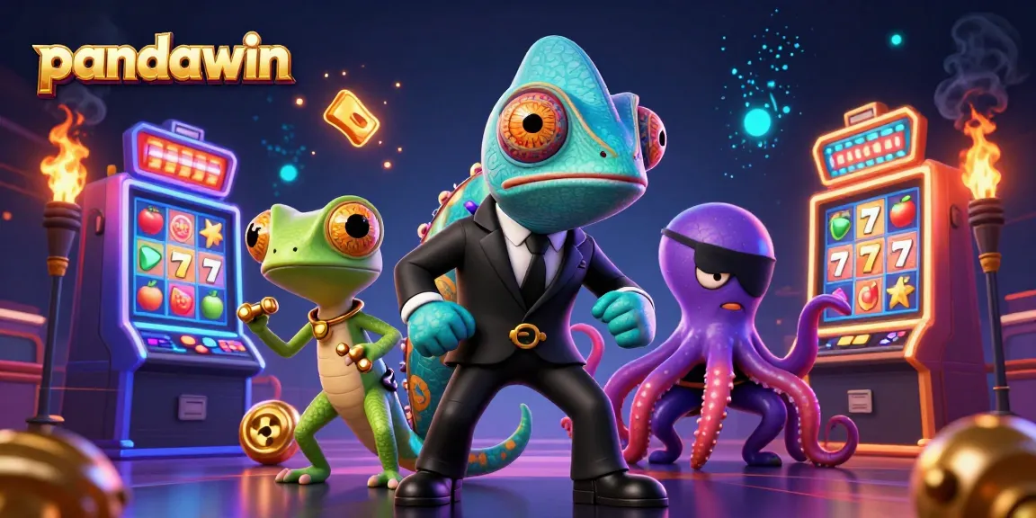 Putar gulungan slot di pandawin dengan gambaran 3D berwarna-warni dari karakter kasino di antara elemen permainan yang cerah.