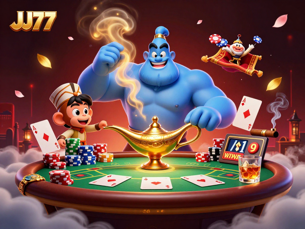 Experience thrilling gameplay with JJ77's vibrant poker scene and magical elements.