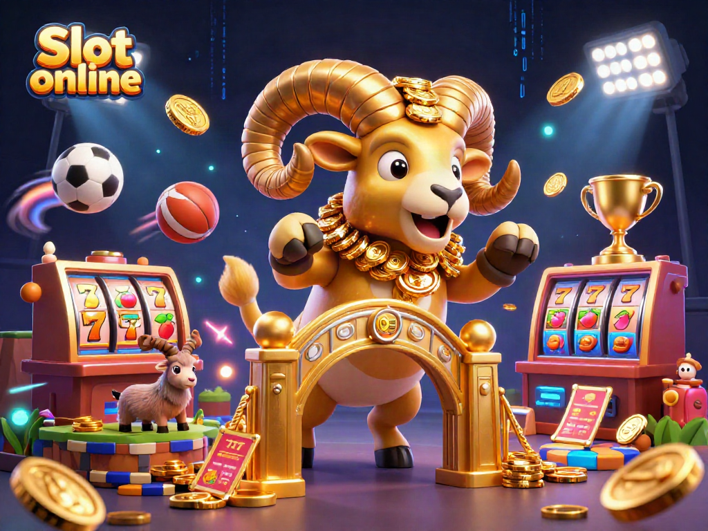 Gambaran menarik Slot Online yang menampilkan domba emas dan simbol buah, menghidupkan suasana perjudian.