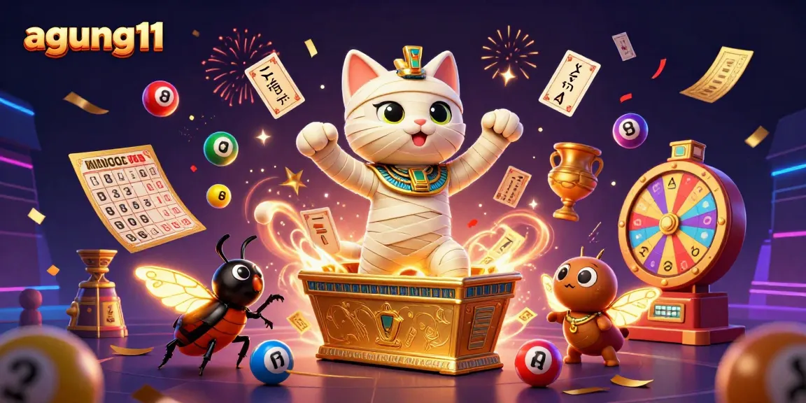 Engage with agung11 in a vibrant pyramid casino scene featuring a mummy cat, scarab beetle, and lottery elements.