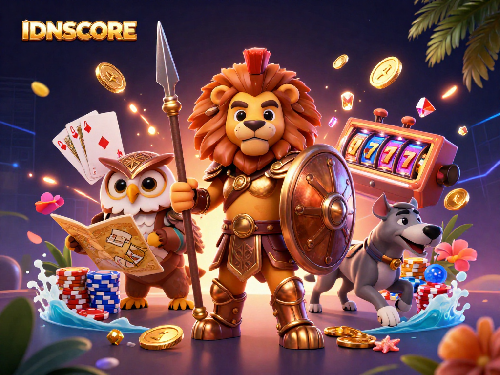 Experience IDNSCORE's dynamic loyalty rewards with vibrant 3D gambling characters and slot elements.