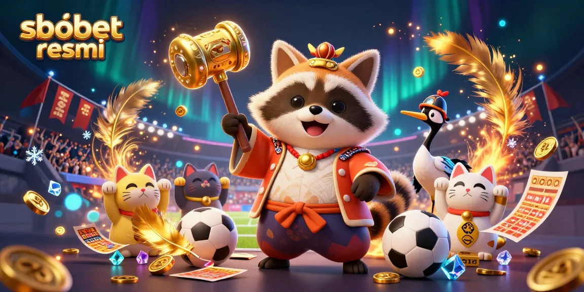 Experience sbobet resmi with a cheerful tanuki and colorful characters in an exciting sports betting scene.