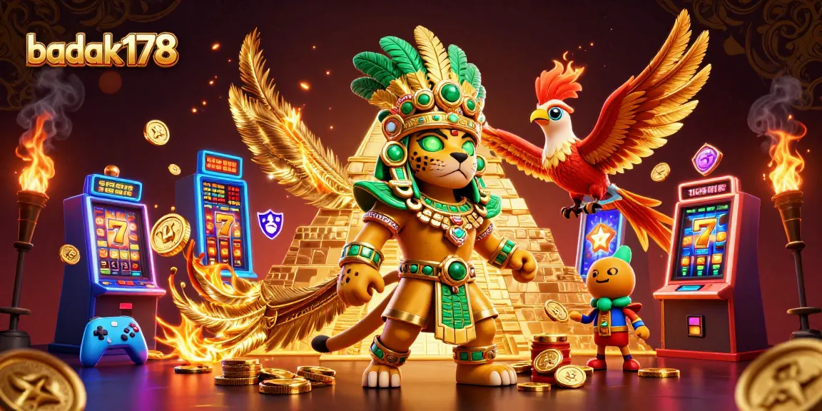Experience the thrill of badak178 with vibrant slot machines, Mayan characters, and dynamic casino elements.