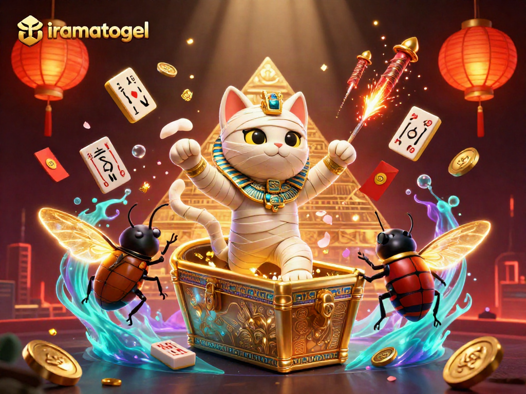 Gambar interaktif iramatogel dengan karakter kucing mumi dan simbol permainan yang bersinar.