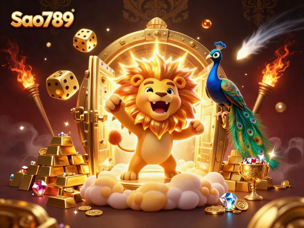 Sao789 offers thrilling wins with a vibrant 3D casino-themed illustration showcasing golden treasures and vibrant characters.