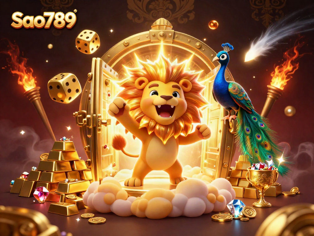 Sao789 offers thrilling wins with a vibrant 3D casino-themed illustration showcasing golden treasures and vibrant characters.