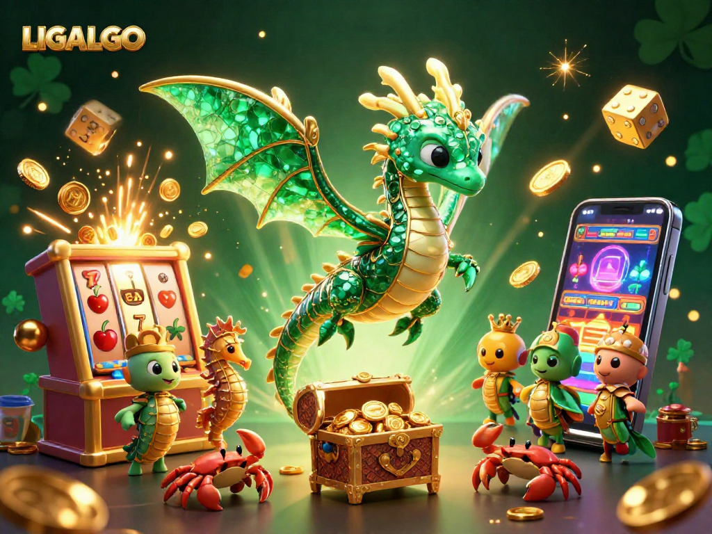 LIGALGO showcases a colorful sea dragon scene with a vibrant slot machine and coins bursting apart.