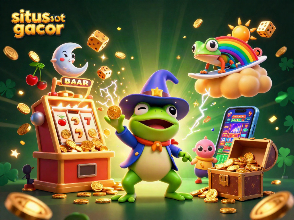 Situs slot gacor brings excitement with a festive scene of a wizard frog, chameleon, and slot machine bursting coins.
