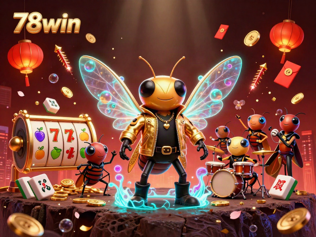 Experience the thrill of 78win with vibrant 3D slot reels and dynamic characters in an energetic casino scene.