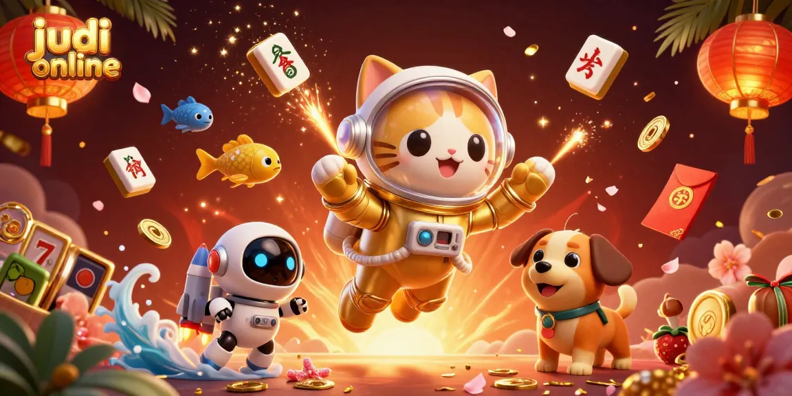 Engage in judi online with a vibrant 3D illustration showcasing space-themed casino elements and characters.