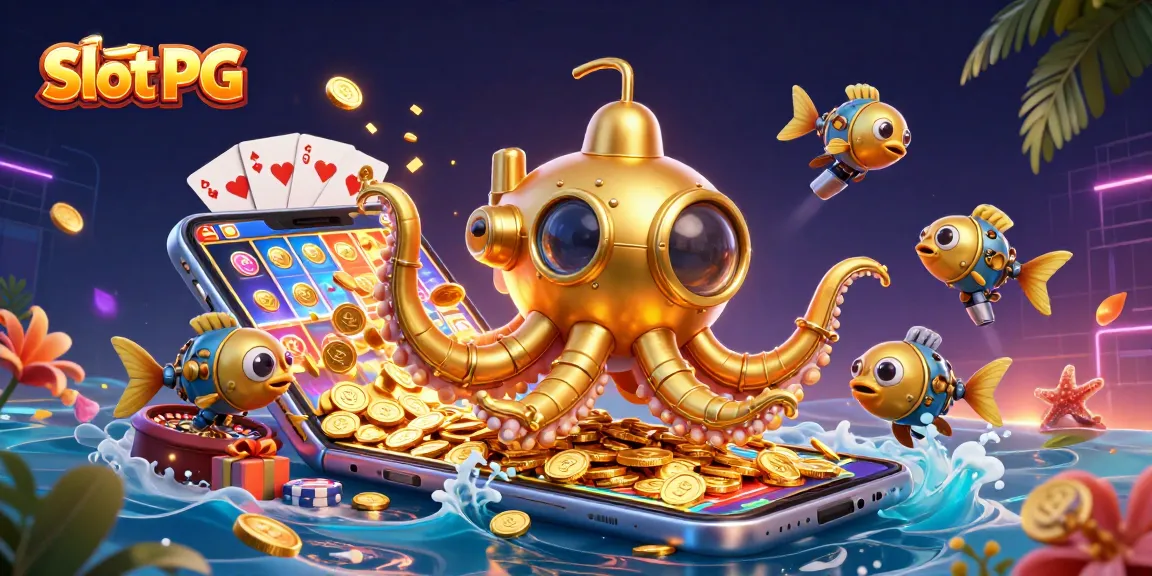 Engage in thrilling Slot PG gameplay with a vibrant scene of a kraken submarine amid golden coins.