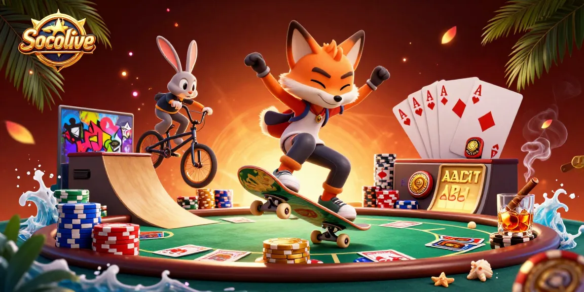 Socolive brings to life a vibrant scene of a skateboarder fox and BMX rabbit in an electrifying casino setting.