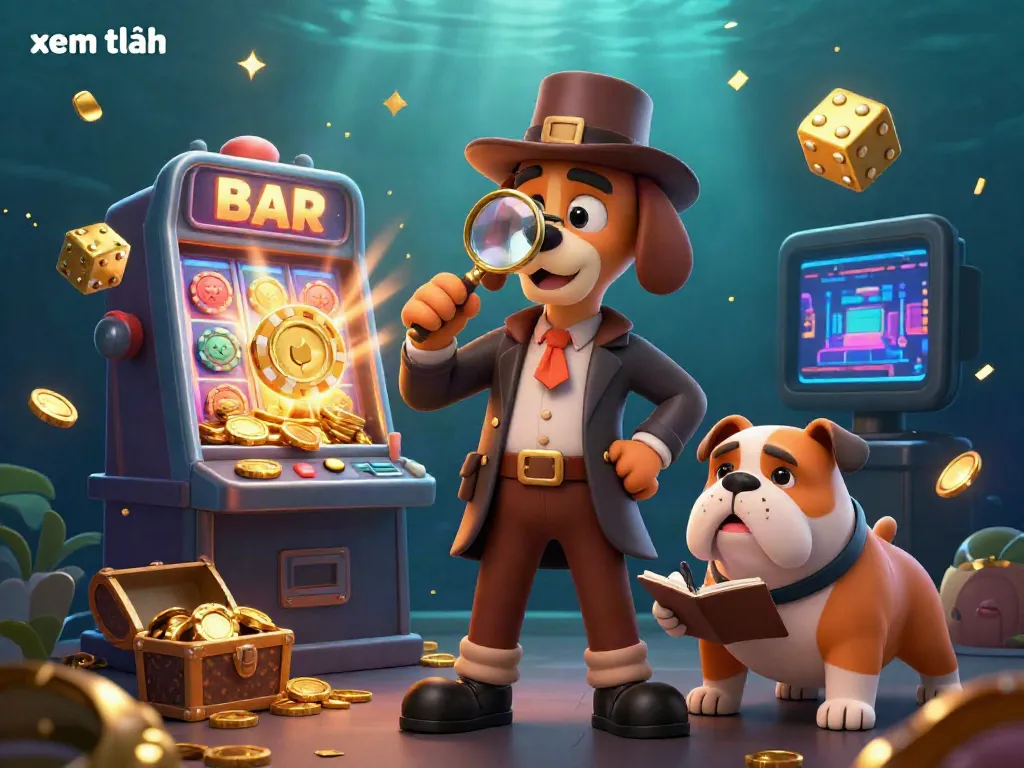 Unveil treasures with "xem thêm" as the detective investigates casino clues in this dynamic gambling illustration.
