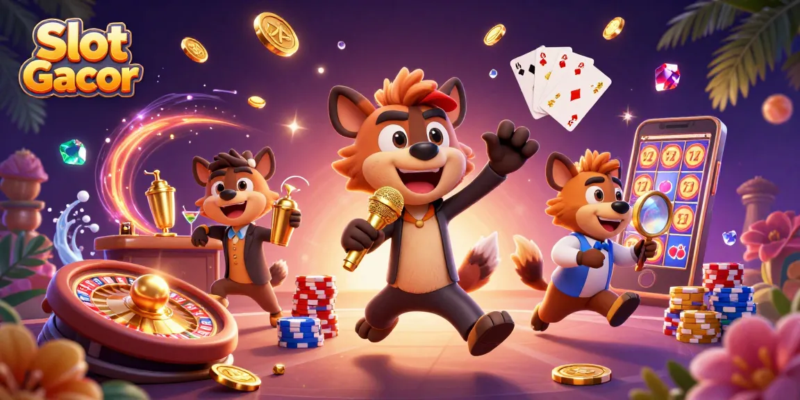 Slot Gacor menampilkan karakter hyena di kasino, mencampurkan koin emas dan batu permata yang bersinar.