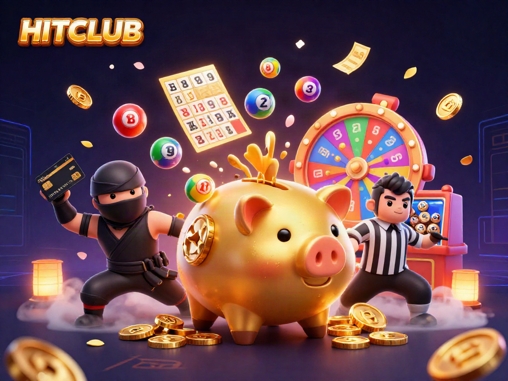 Engage in HITCLUB's thrilling gaming scene featuring a golden piggy bank sumo wrestler and colorful lottery elements.