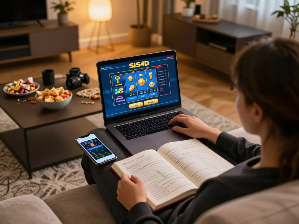 SIS4D online slot game interface displayed on a laptop in a cozy home setting, highlighting responsible gambling practices.
