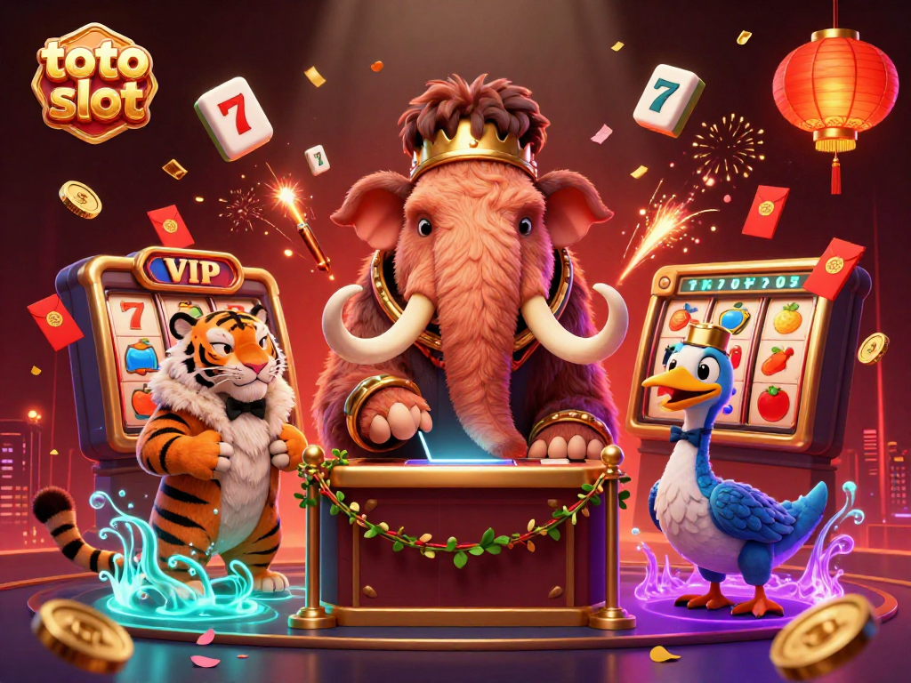 Gambarkan keseruan bermain toto slot dengan bouncer mamut, tamu harimau, dan penjaga pintu burung dodo di kasino.