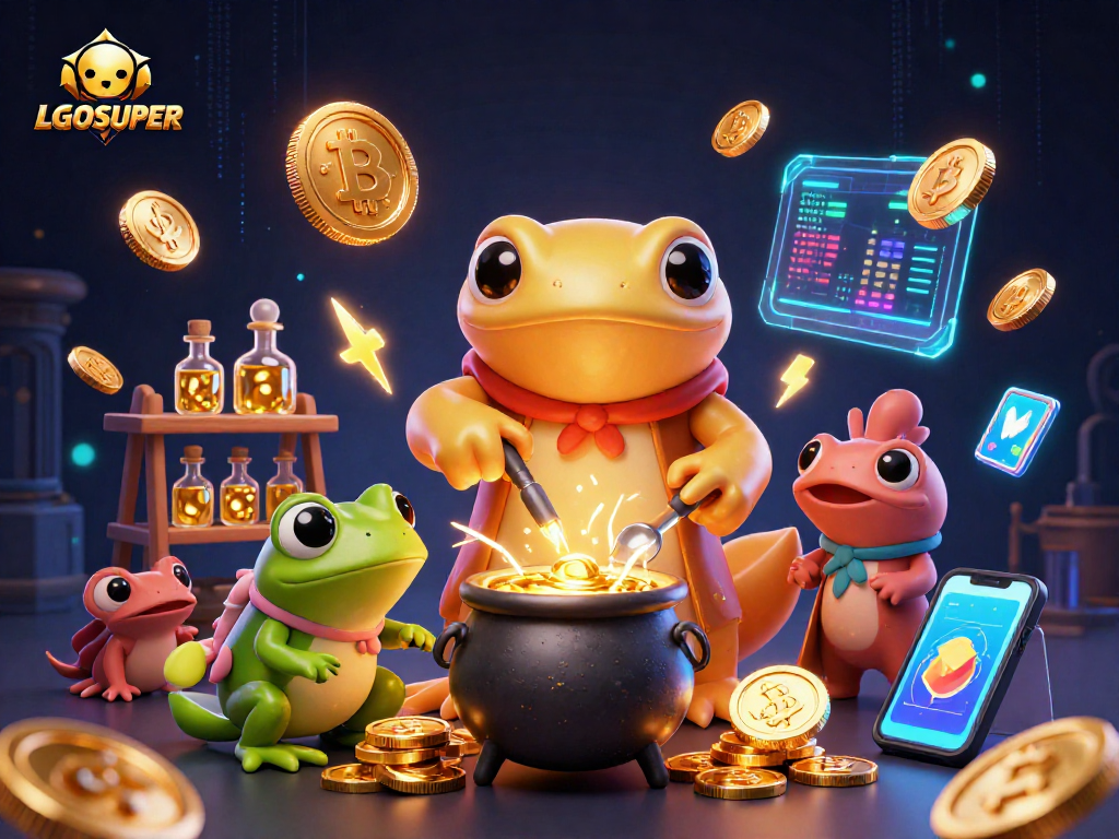 Engage with LGOSUPER’s vibrant 3D world of golden treasures and cryptocurrency in a magical alchemist scene.