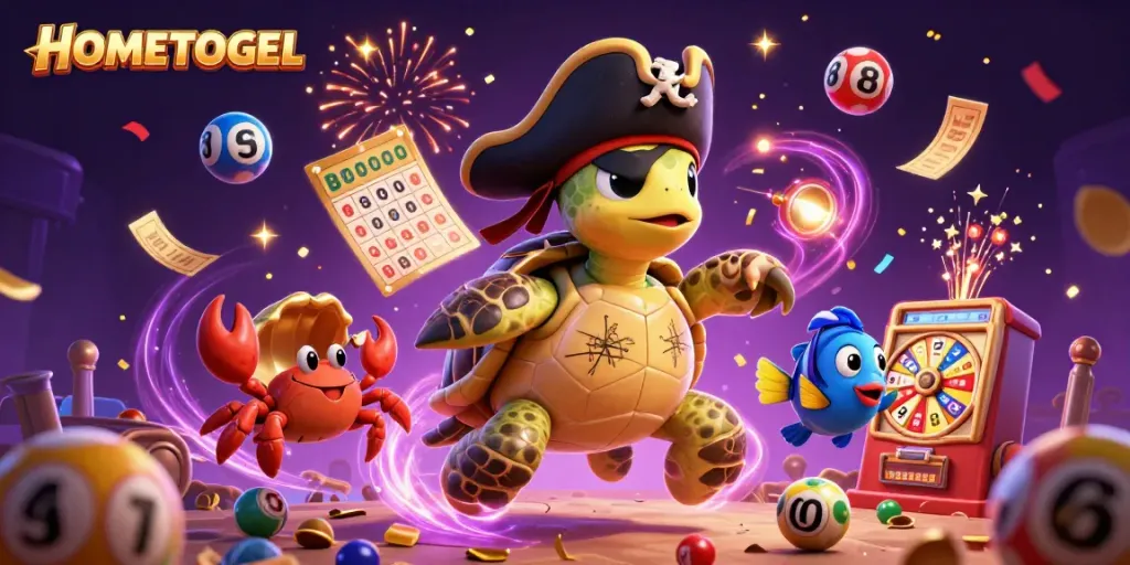 Experience the excitement of HOMETOGEL with colorful lottery elements and vibrant characters celebrating winnings.