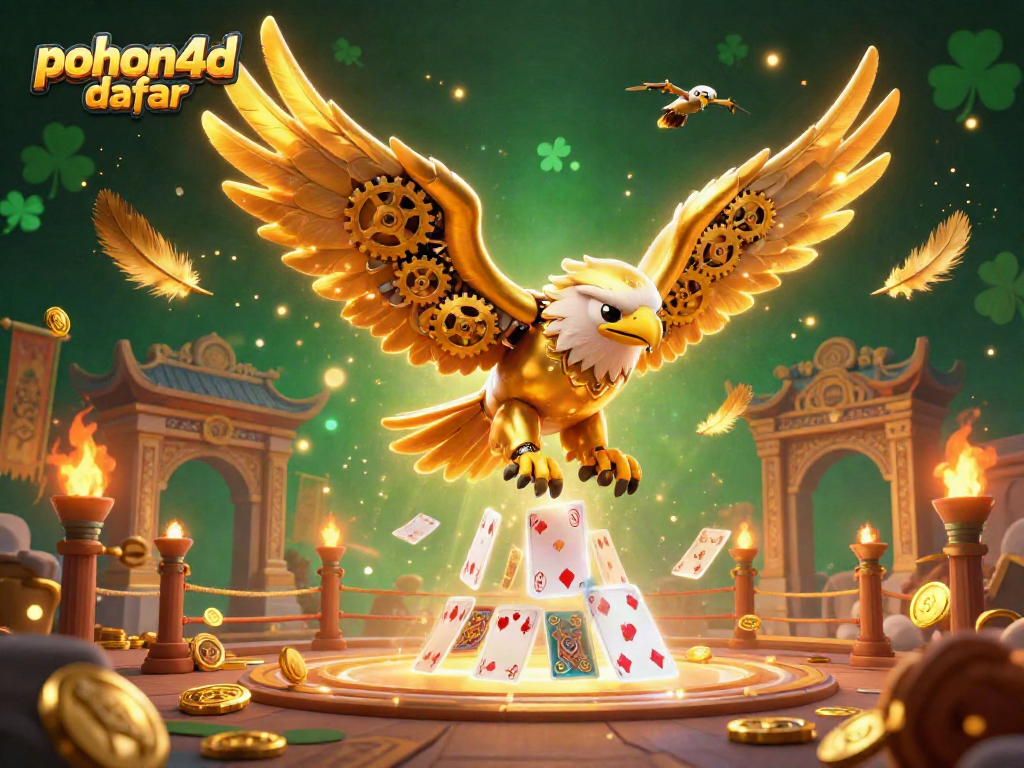 Dive into excitement with Pohon4D daftar as a golden eagle navigates through magical cards, engaged in thrilling battles.