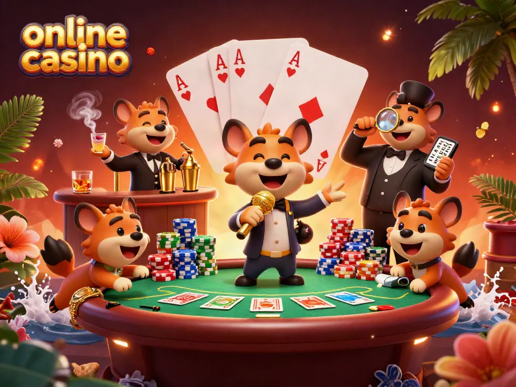 Experience a vibrant online casino scene featuring hyenas in a comedy club, with poker elements.