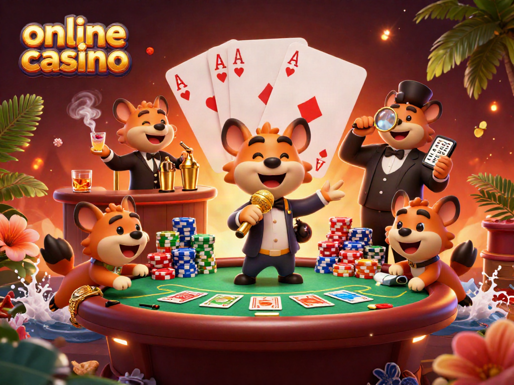 Experience a vibrant online casino scene featuring hyenas in a comedy club, with poker elements.