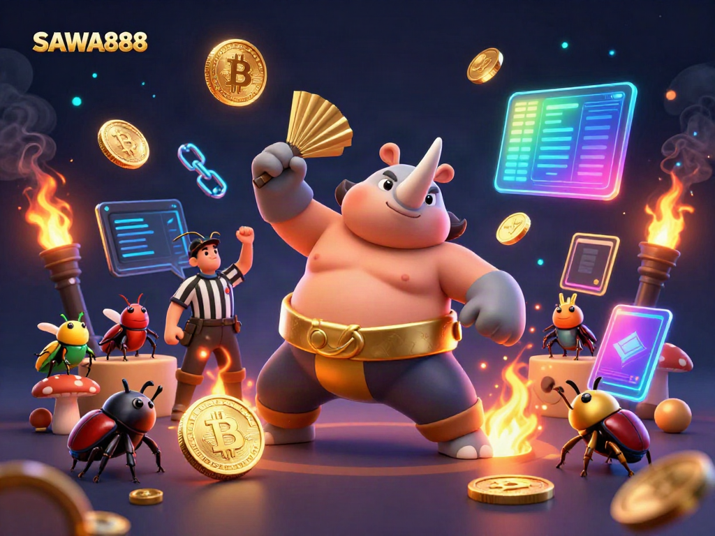 Experience the excitement of SAWA888 with a dynamic sumo beetle champion and gold coins in action.