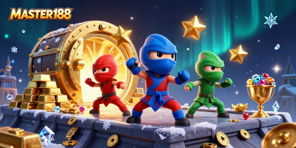 Engage with MASTER188's thrilling gambling scene featuring ninja chameleons and treasures in a vibrant casino environment.