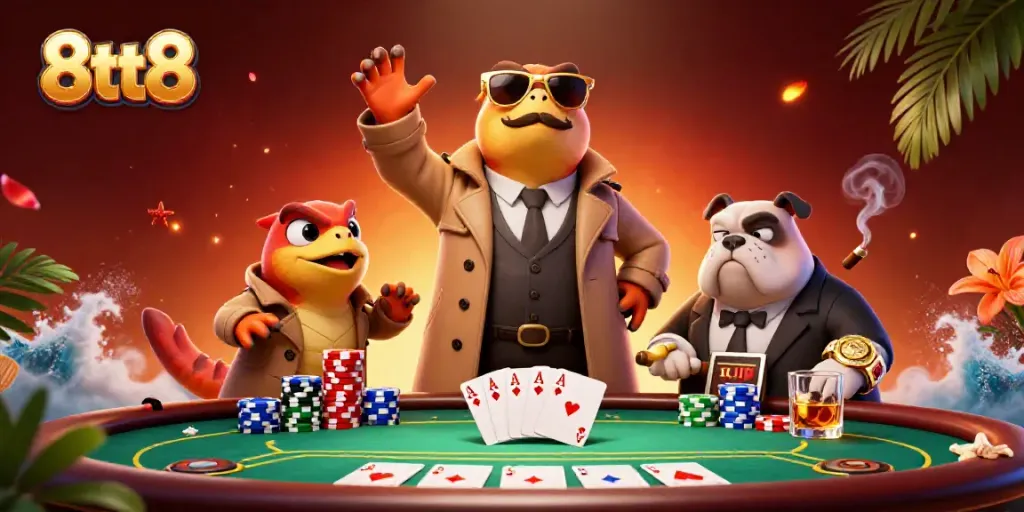 Raptors disguised as a person entering a VIP casino with poker elements in a vibrant scene - 8tt8